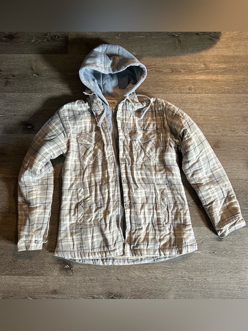 Small Gray‎ Plaid Warm Fleece Lined Zip Up Hoodie Hooded Jacket